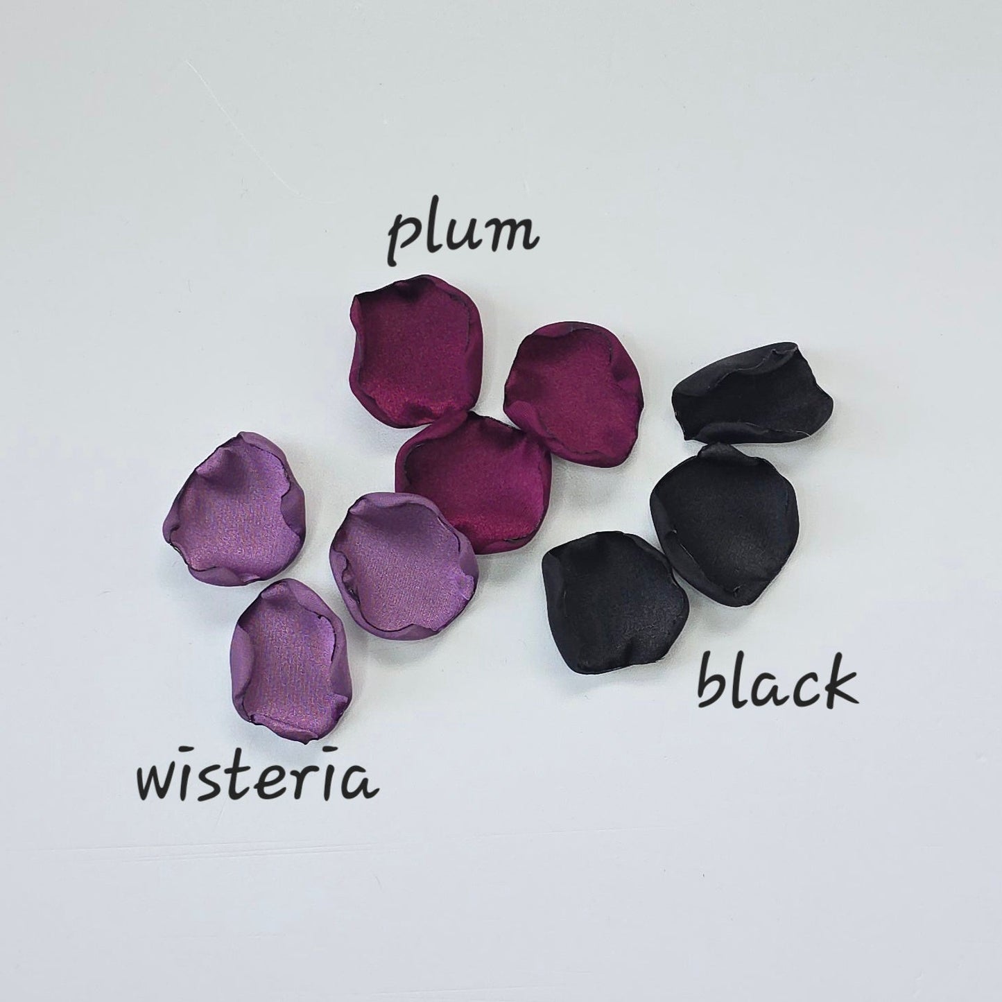 Fig, Plum, black and Wisteria Purple rose petals. For flower girl tossing, baskets, church pew, aisle decor, flatlays, table scatter, reception table decorations. A fall color palette ideas for a future bride planning a celestial themed wedding or nautical bridal shower event.