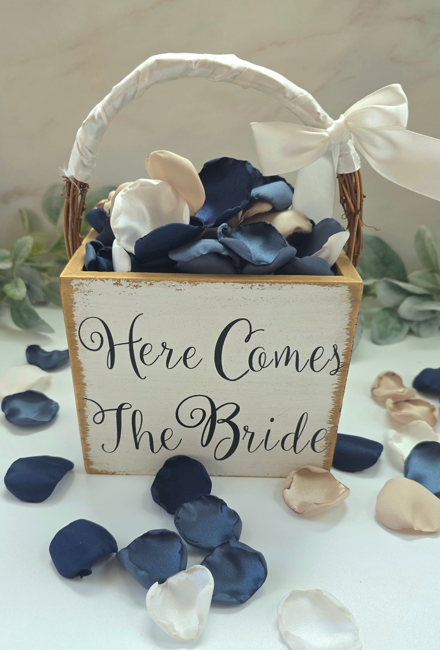 Navy, Stormy Blue, Beige, and Ivory Rose Petals, Fall Wedding Color