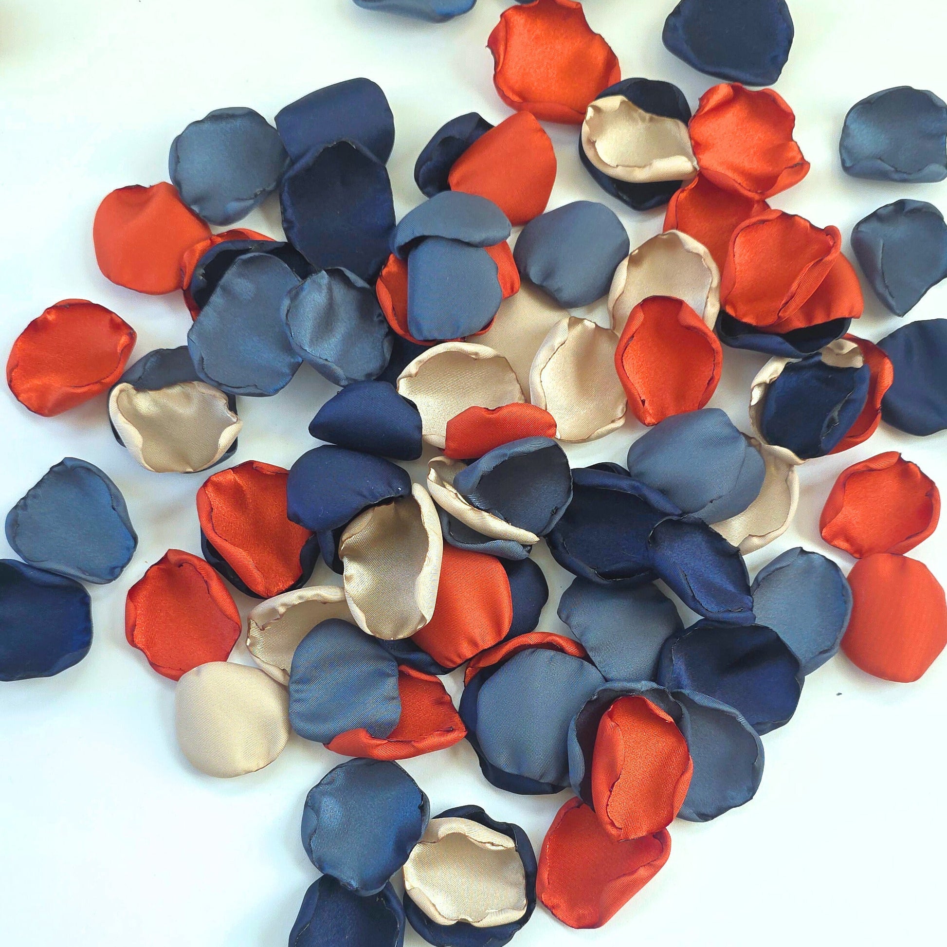 Navy, Stormy Blue, Beige and Burnt Orange rose petals for flower girl baskets, tossing, or aisle decor. Navy and Orange Color palette ideas for future brides planning a western-themed wedding or a fall bridal shower event. Perfect for tablescape scatter, photo flatlays, backdrops props.