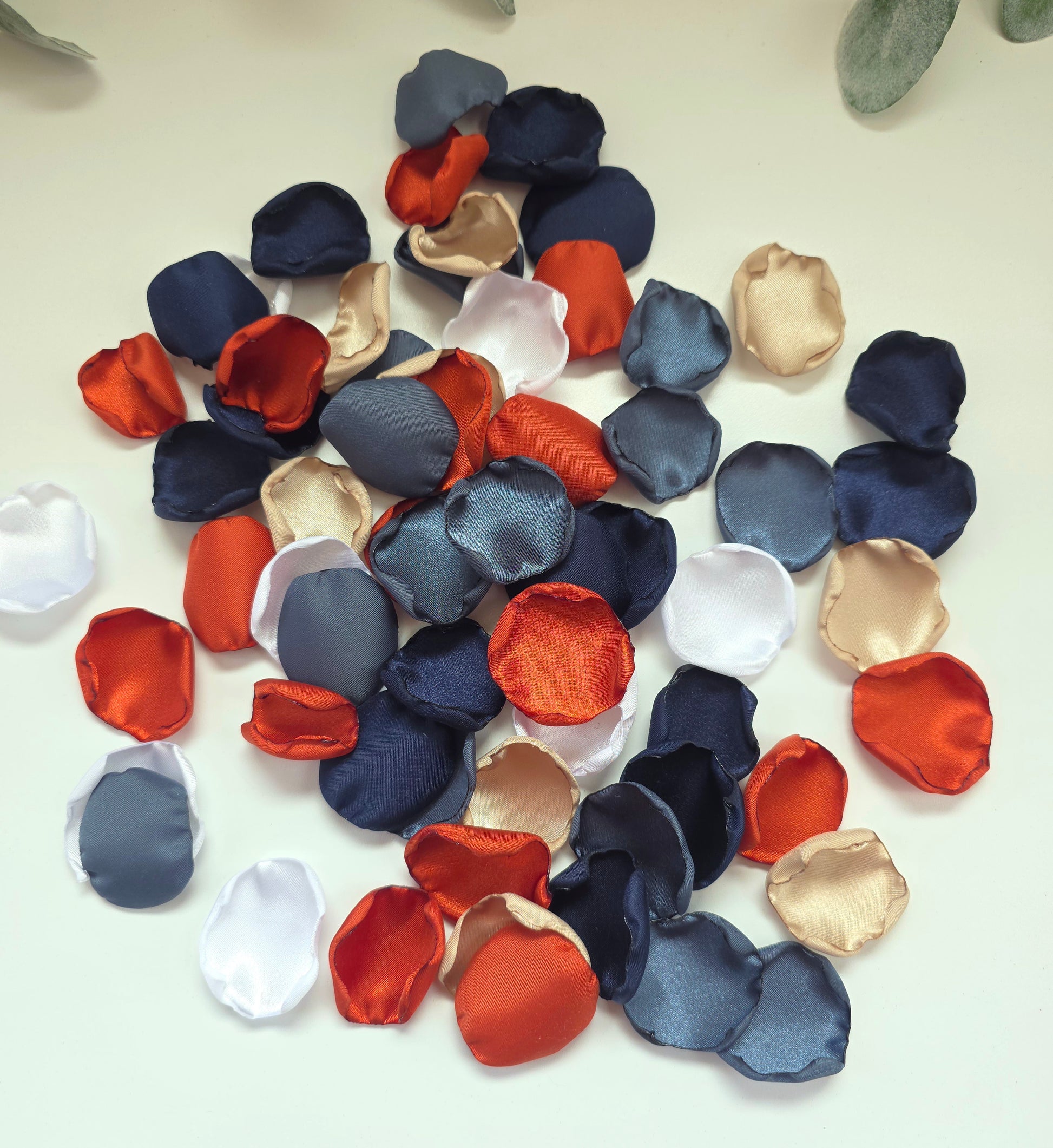Burnt Orange and Navy blue rose petals for flower girl toss, western wedding aisle decor, fall wedding decorations, Perfect for confetti scatter, reception tablescapes, ceremony backdrop accents. Future bride color palette ideas.