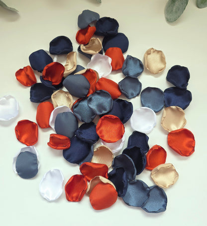 Burnt Orange and Navy blue rose petals for flower girl toss, western wedding aisle decor, fall wedding decorations, Perfect for confetti scatter, reception tablescapes, ceremony backdrop accents. Future bride color palette ideas.