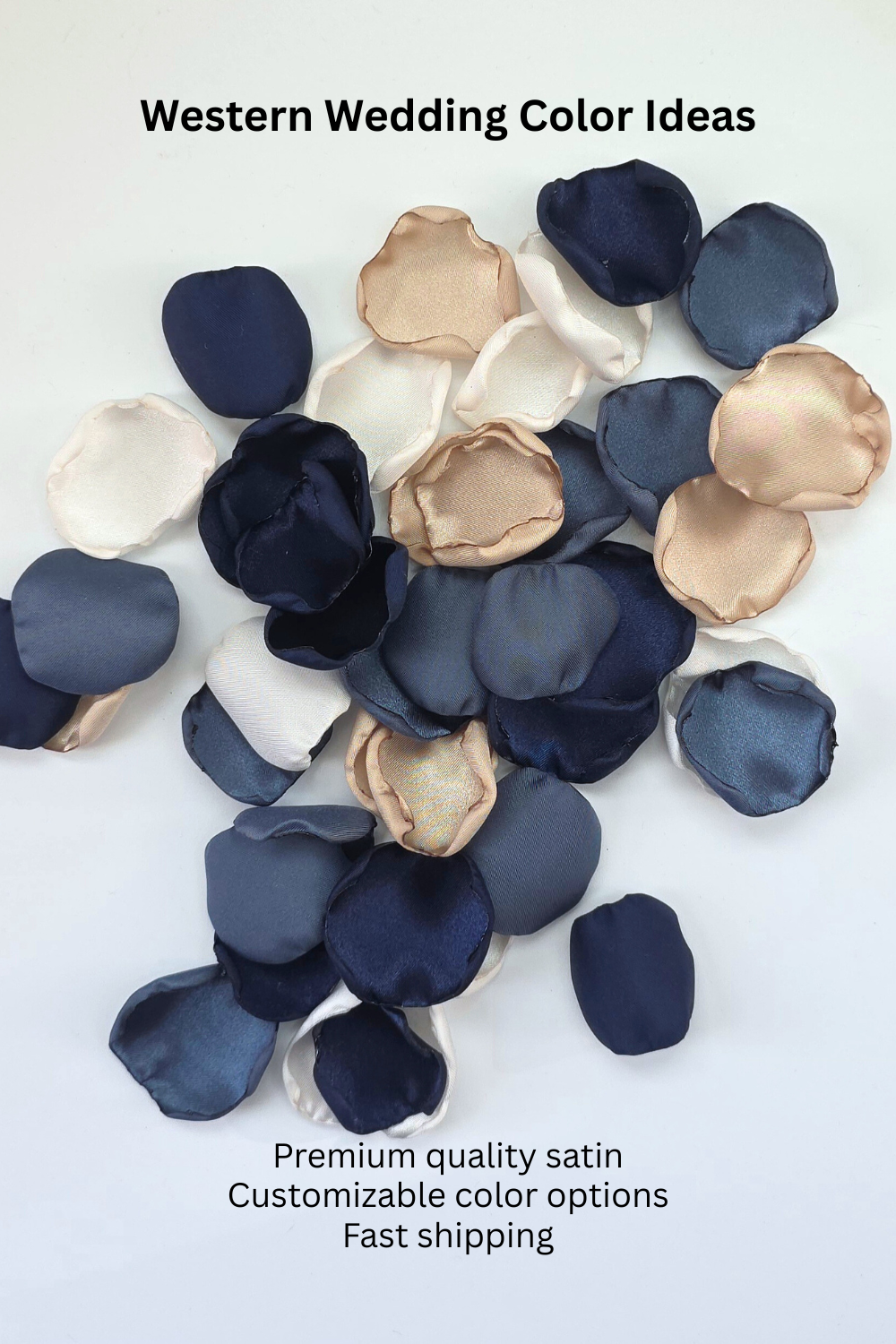  Navy, stormy blue, beige rose petals for flower girl toss, western wedding color ideas, aisle decor, tablescape accents, future bride inspiration