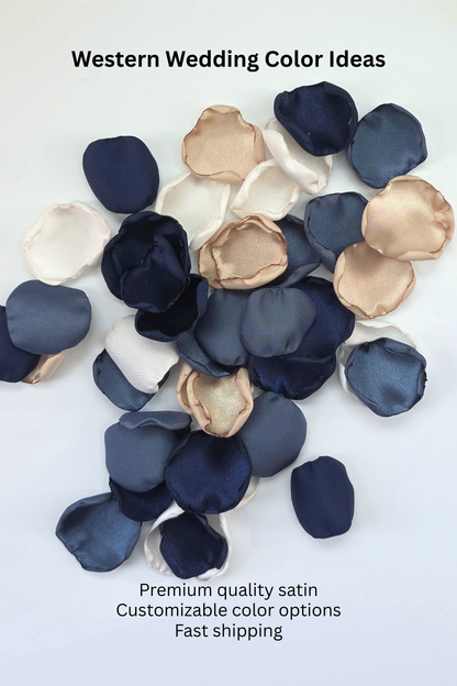  Navy, stormy blue, beige rose petals for flower girl toss, western wedding color ideas, aisle decor, tablescape accents, future bride inspiration