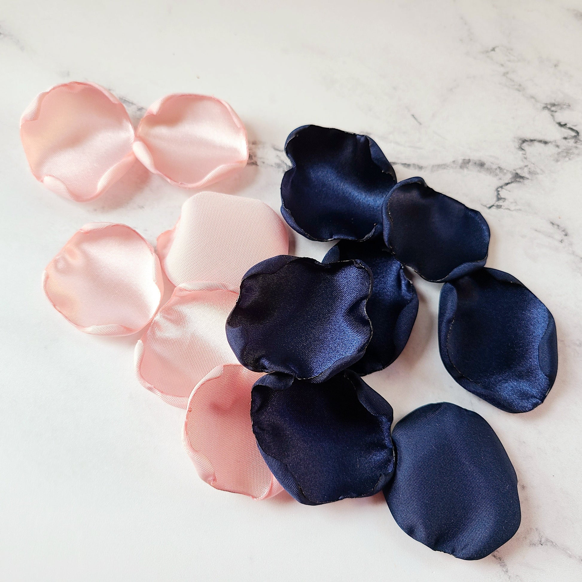 Navy Blue and Blush Pink rose petals used for wedding table decor and in flower girl basket, table confetti scatter
