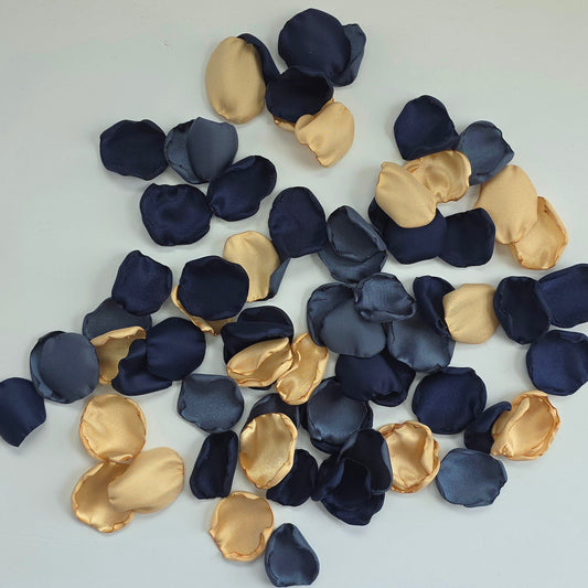 A mix of Gold, Navy, dusk stormy blue rose petals. Perfect for flower girl tossing,  wedding aisle decor, confetti, tablescapes accents, backdrop scatter. For future brides planning a celestial wedding or bridal shower event. 