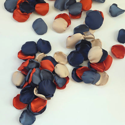 Navy, Stormy Blue, Beige and Burnt Orange rose petals for flower girl baskets, tossing, or aisle decor. Navy and Orange Color palette ideas for future brides planning a western-themed wedding or a fall bridal shower event. Perfect for tablescape scatter, photo flatlays, backdrops props.