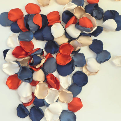 Navy, Stormy Blue, Beige and Burnt Orange rose petals for flower girl baskets, tossing, or aisle decor. Navy and Orange Color palette ideas for future brides planning a western-themed wedding or a fall bridal shower event. Perfect for tablescape scatter, photo flatlays, backdrops props.