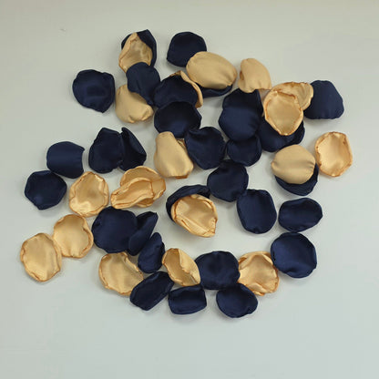 A mix of Gold, Navy, dusk stormy blue rose petals. Perfect for flower girl tossing,  wedding aisle decor, confetti, tablescapes accents, backdrop scatter. For future brides planning a celestial wedding or bridal shower event. 
