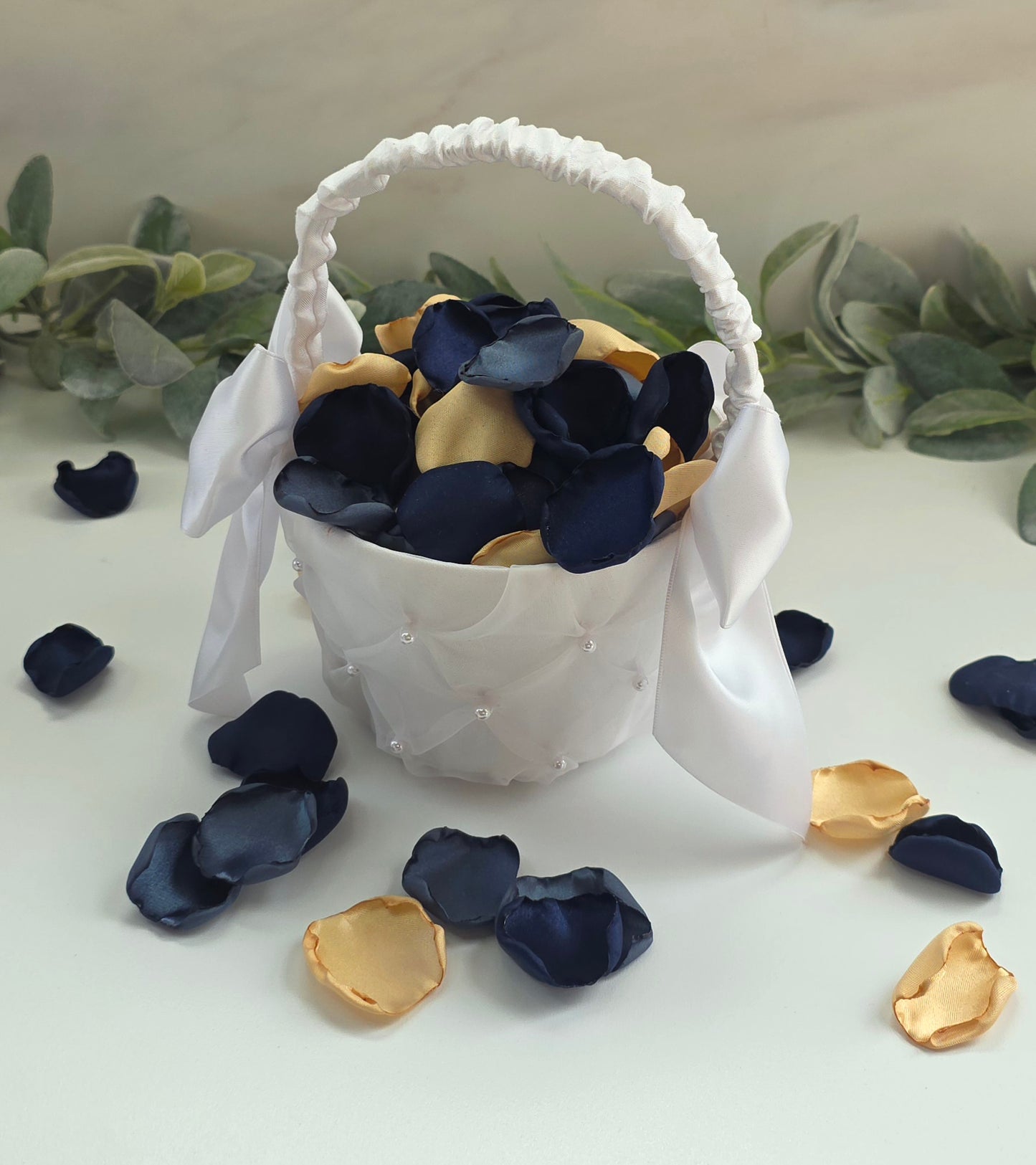 A mix of Gold, Navy, dusk stormy blue rose petals in flower girl basket. Perfect for flower girl tossing,  wedding aisle decor, confetti, tablescapes accents, backdrop scatter. For future brides planning a celestial wedding or bridal shower event. 