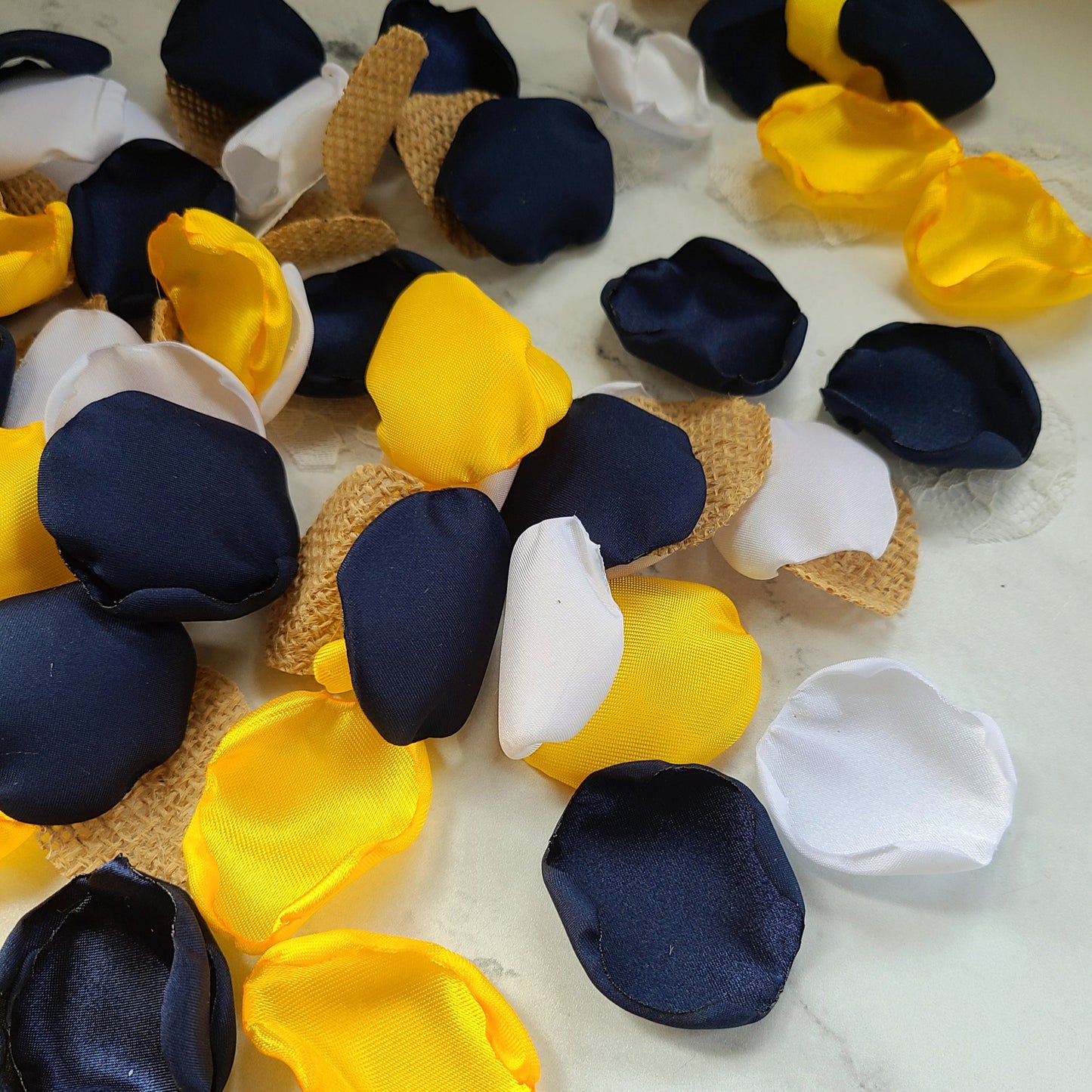 Sunflower Yellow, Burlap, Lace & Navy Rose petals for Western Boho Wedding Decor, Flower Girl Petals for table confetti, rustic basket, I Do BBQ decorations