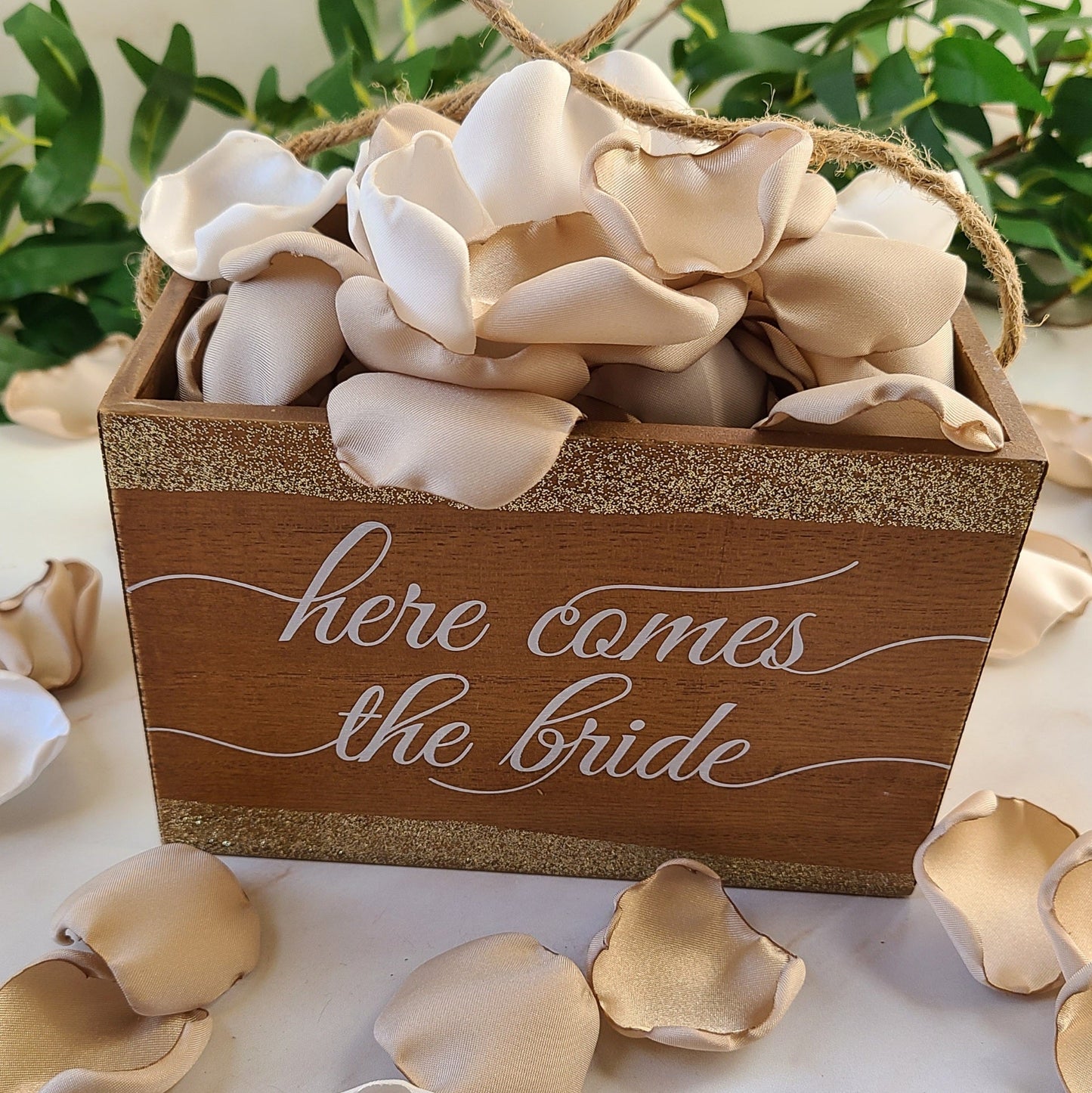 Beige and Ivory Rose petals in a Here Comes the Bride flower Girl Basket, Beige and Ivory Rose Petals for flower girl basket, boho wedding ideas, engagement props, western wedding aisle decor, lantern centerpiece petal decor, bridesmaid box, engagement props