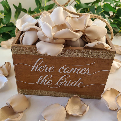 Beige and Ivory Rose petals in a Here Comes the Bride flower Girl Basket, Beige and Ivory Rose Petals for flower girl basket, boho wedding ideas, engagement props, western wedding aisle decor, lantern centerpiece petal decor, bridesmaid box, engagement props