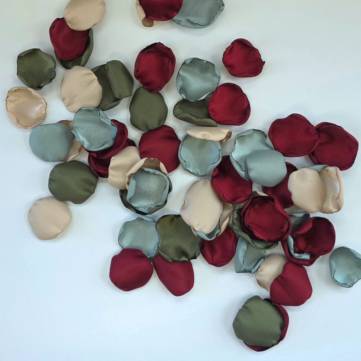 Burgundy, Olive, Beige, Sage Rose Petals for flower girl toss, aisle decor, tablescapes accents. Ideas for future bride planning a fall wedding ceremony or bridal shower event.