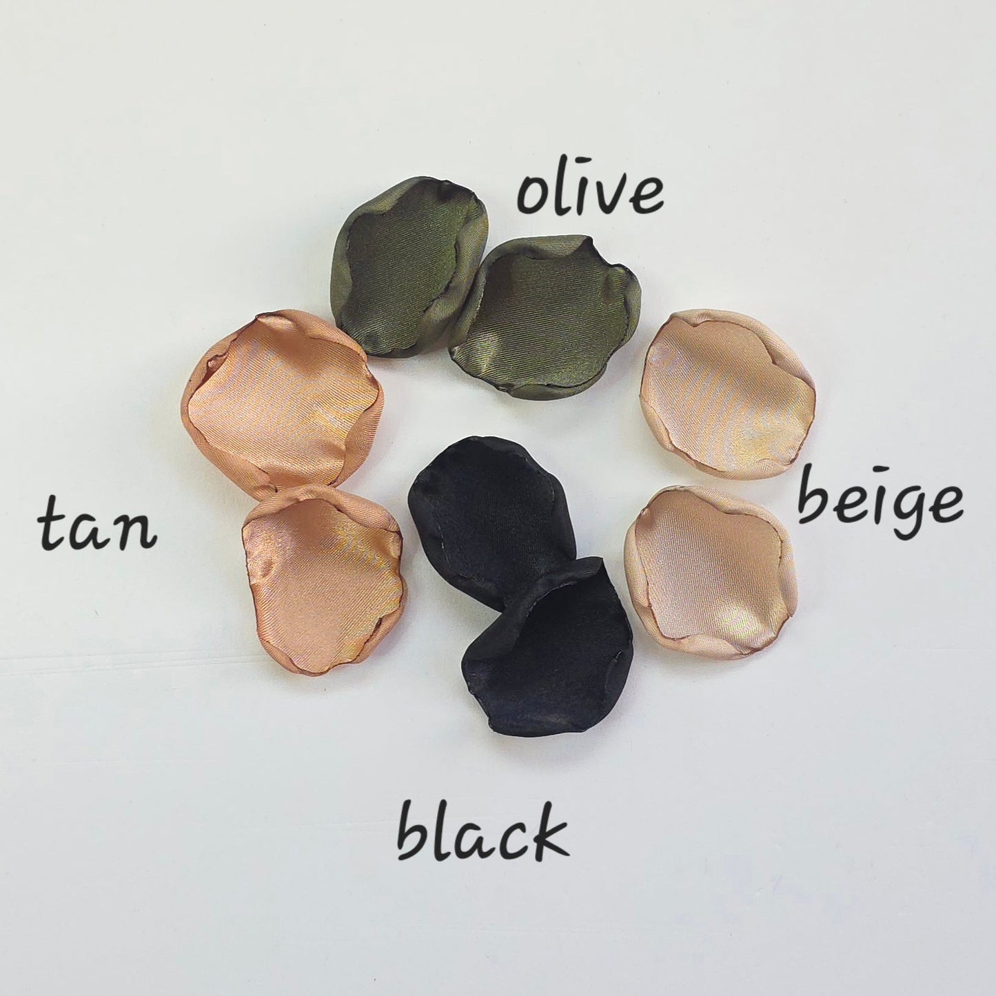 A mix of olive green, tan, beige and black rose petals. Perfect for flower girl tossing, flatlays, table scatter, confetti exit,wedding aisle decor.  For future brides planning a Camouflage wedding or hunting couples shower event.