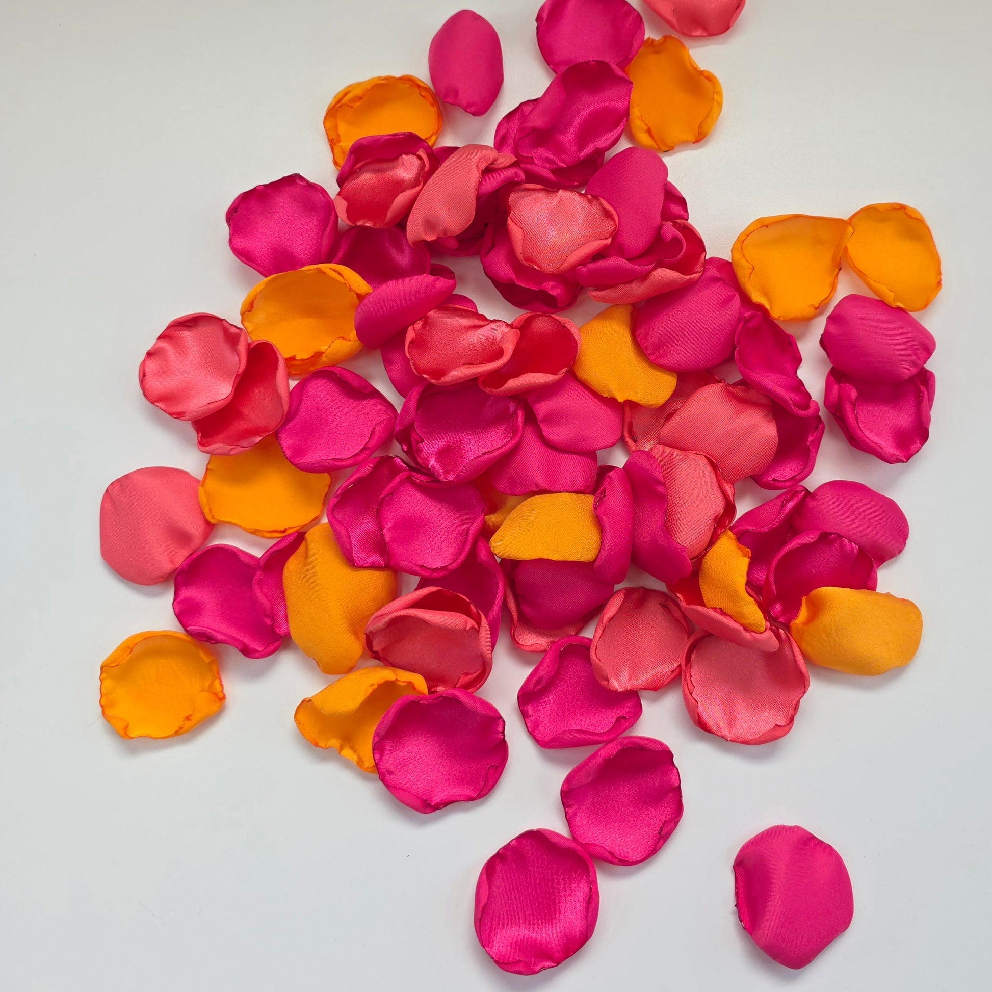 Orange, Fuchsia and coral pink rose petals for flower girl toss, baskets. Perfect for reception tablescape accents, wedding aisle decor, confetti scatter, bridal shower decorations, future bride color palette ideas, whimsical and sunset wedding theme ideas