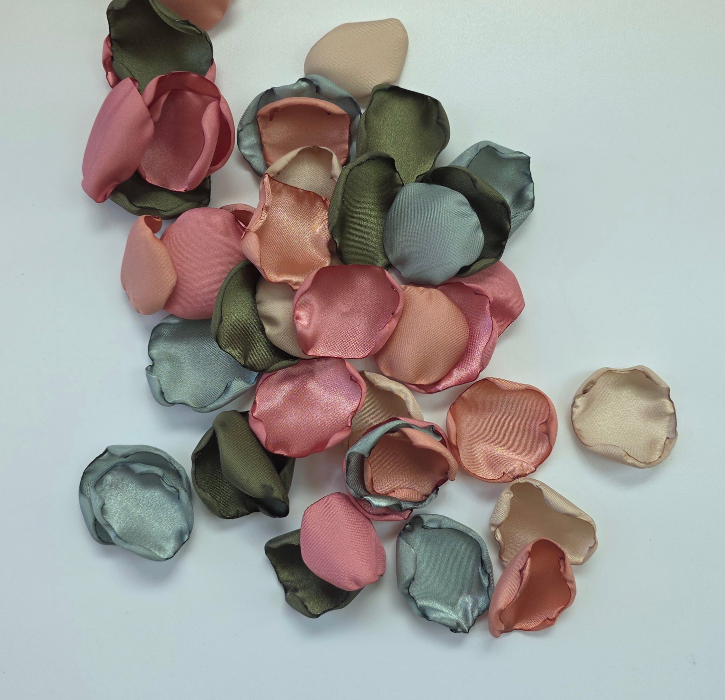 Dusty Rose Pink, Olive, beige Sage rose petals for flower girl toss, aisle decor.  Future bride boho western color palette ideas. Use on reception tablescape, confetti scatter or fall wedding decor 