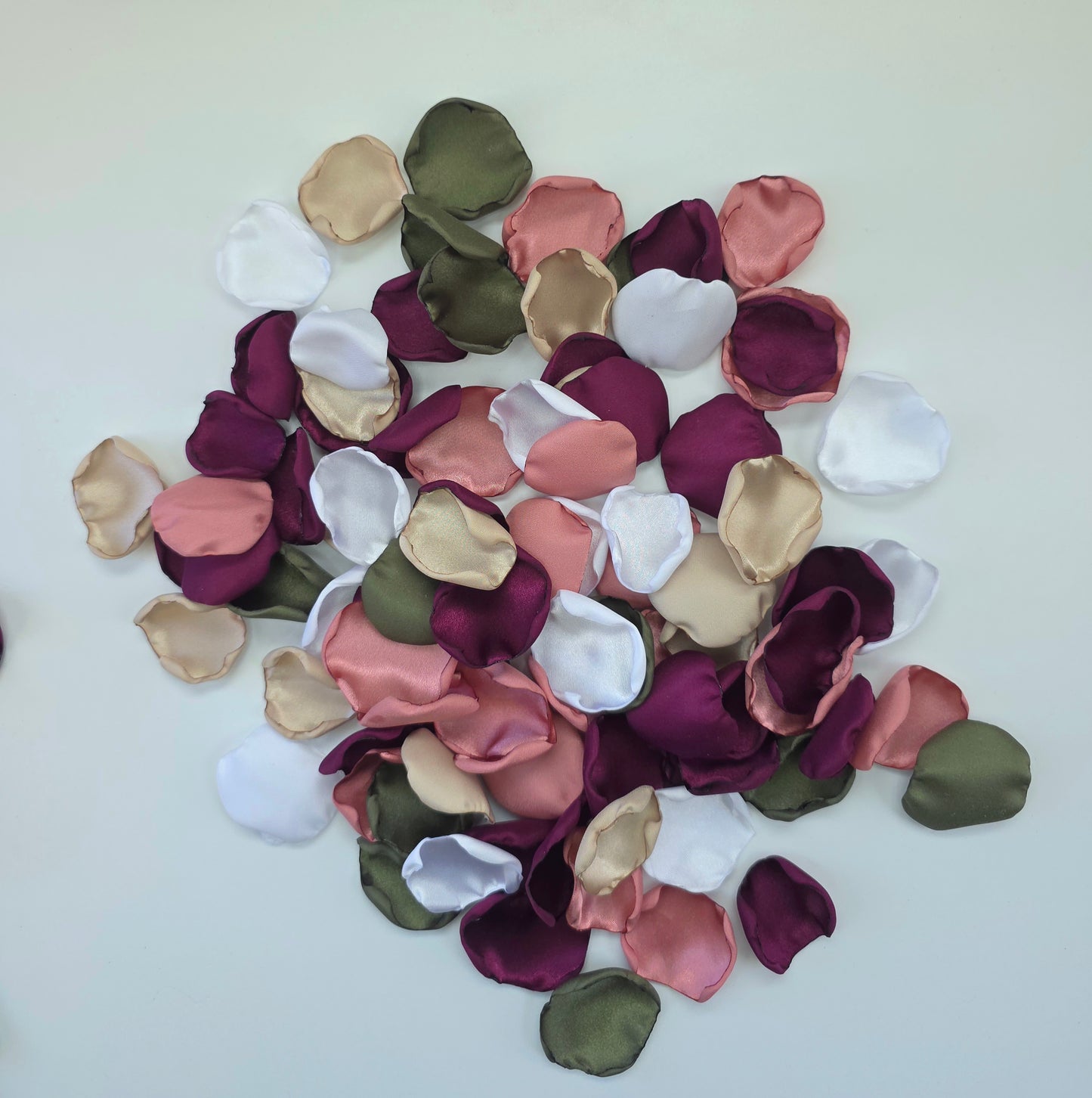 Mulberry Olive, dusty pink, White, beige rose petals, fall wedding decor ideas for future brides, flower girl toss, aisle decor, reception tablescapes accents, confetti scatter