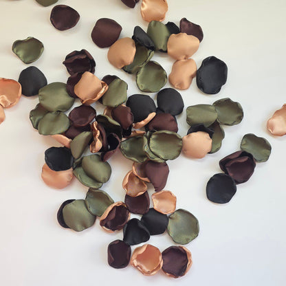 Olive, Tan, Brown and Black Rose petals for Western, County or Hunting Themed Wedding. Perfect for flower girl toss, wedding aisle decor, cake or reception table scatter, backdrop photo accents. For future brides planning a hunting themed wedding or camo inspired bridal shower event 