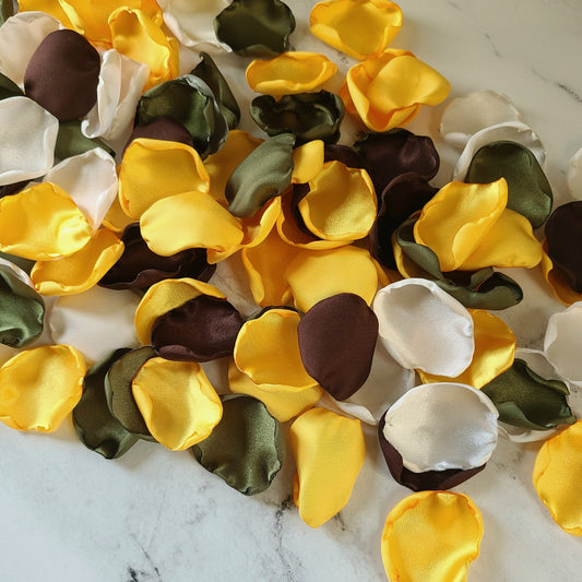 Yellow, Olive Brown, Ivory rose petals for a flower girl basket, custom wedding table confetti, western, rustic, sunflower wedding decorations, flower girl box