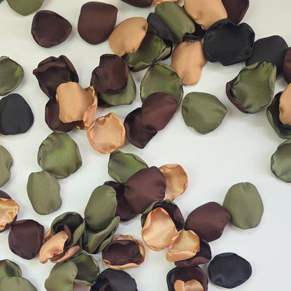 Olive, Tan, Brown and Black Rose petals for Western, Boho County or Hunting Themed Wedding. Perfect for flower girl toss, wedding aisle decor, cake or reception table scatter, backdrop photo accents. For future brides planning a hunting themed wedding or camo inspired bridal shower event 