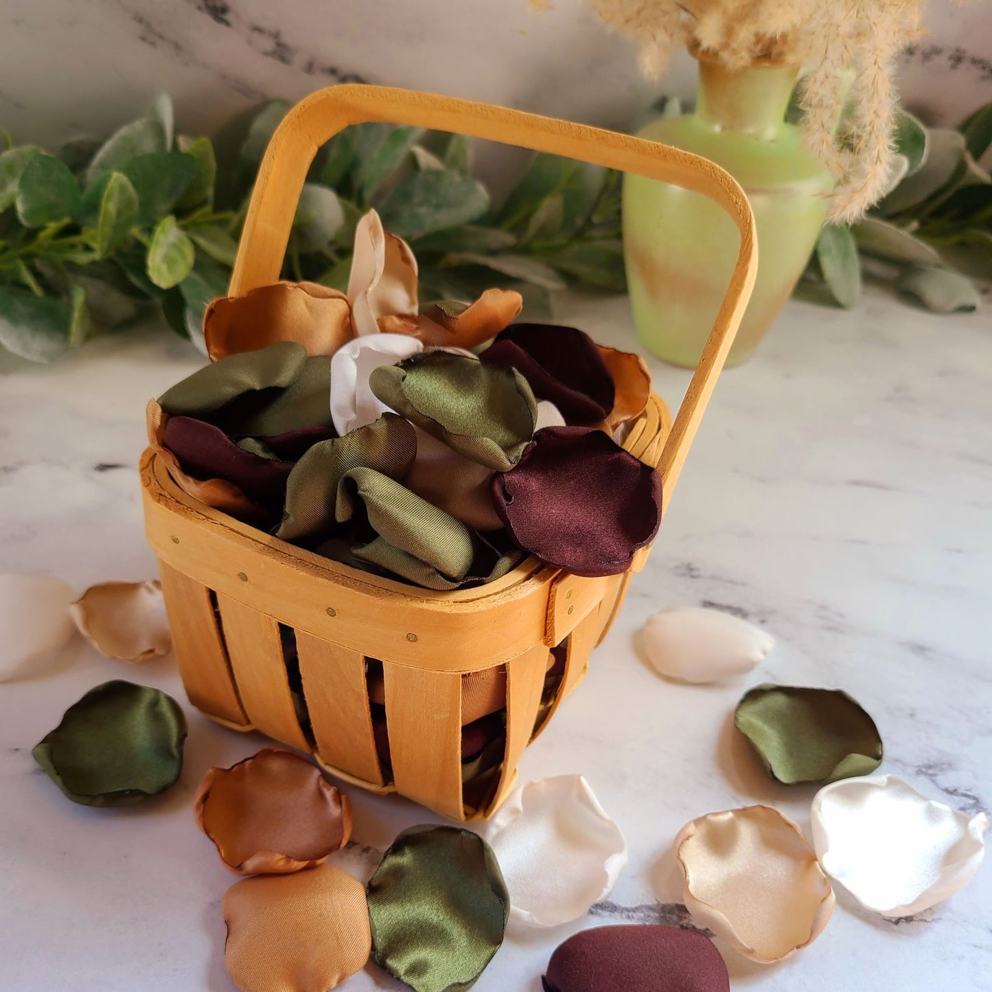 Olive Green, Brown Ivory, Beige Rose Petals for Fall Wedding Decor, rustic flower girl basket filled with petals, table confetti, 