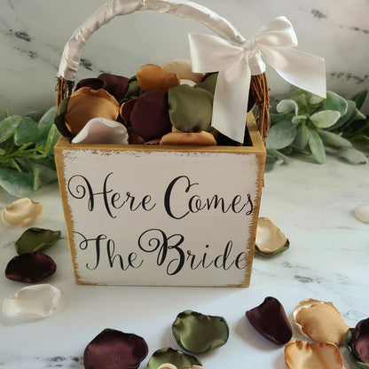 Olive Green, Brown Ivory, Beige Rose Petals for Fall Wedding Decor, Here Comes the Bride flower girl basket, confetti scatter