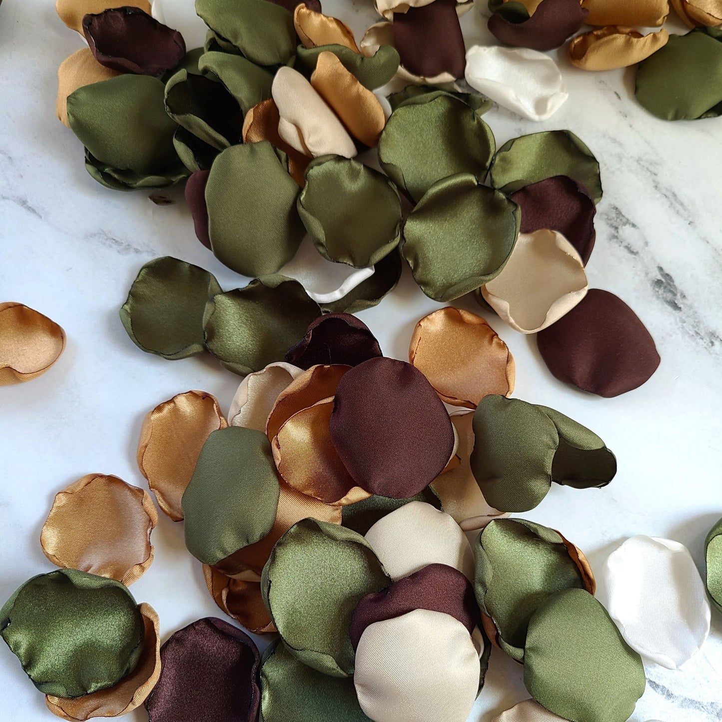 Espresso brown, Olive green, tan, beige rose petals for a fall wedding aisle decor theme, flower girl petals for basket, boho western wedding ideas