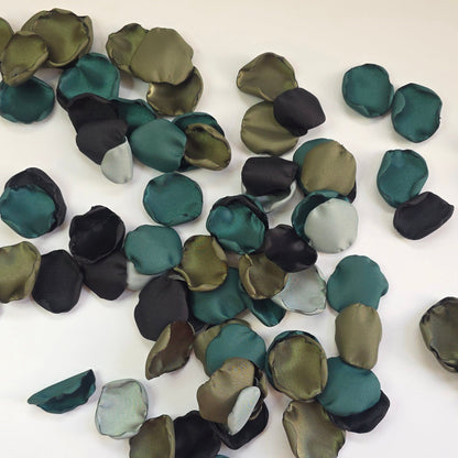 Olive, Forest green, sage and Black Rose petals for Western, County or Hunting Themed Wedding. Perfect for flower girl toss, wedding aisle decor, cake or reception table scatter, backdrop photo accents. For future brides planning a hunting themed wedding or camo inspired bridal shower event 
