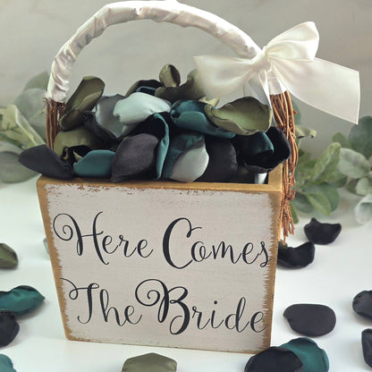 Olive, Forest green, sage and Black Rose petals for Western, County or Hunting Themed Wedding. Perfect for flower girl toss, wedding aisle decor, cake or reception table scatter, backdrop photo accents. For future brides planning a hunting themed wedding or camo inspired bridal shower event. Here comes the bride flower girl basket.