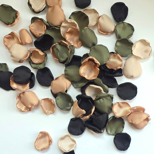 A mix of olive green, tan, beige and black rose petals. Perfect for flower girl tossing, flatlays, table scatter, confetti exit,wedding aisle decor.  For future brides planning a Camouflage wedding or hunting couples shower event.