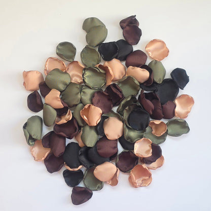 Olive, Tan, Brown and Black Rose petals for Western, County or Hunting Themed Wedding. Perfect for flower girl toss, wedding aisle decor, cake or reception table scatter, backdrop photo accents. For future brides planning a hunting themed wedding or camo inspired bridal shower event 
