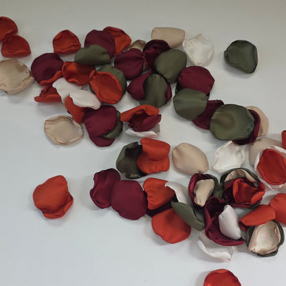 Burnt Orange, Beige, Olive. Burgundy rose petals. Perfect for flower girl tossing, baskets, photo flatlays, table scatter. or aisle decor. Wedding Decor ideas For Future brides planning a fall wedding ceremony or a western inspired bridal shower event.