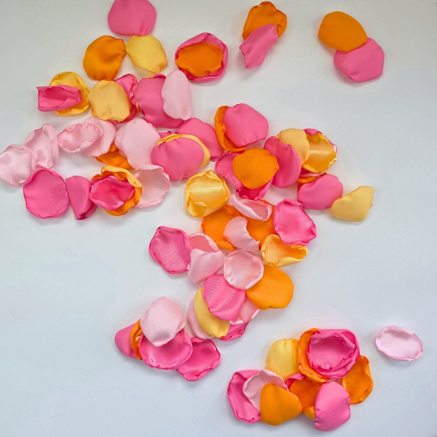 Pink, orange, ivory and yellow rose petals for flower girl tossing, confetti scatter, receptions tablescapes accents, ceremony backdrop, whimsical wedding color scheme, future bride ideas, wedding aisle decor