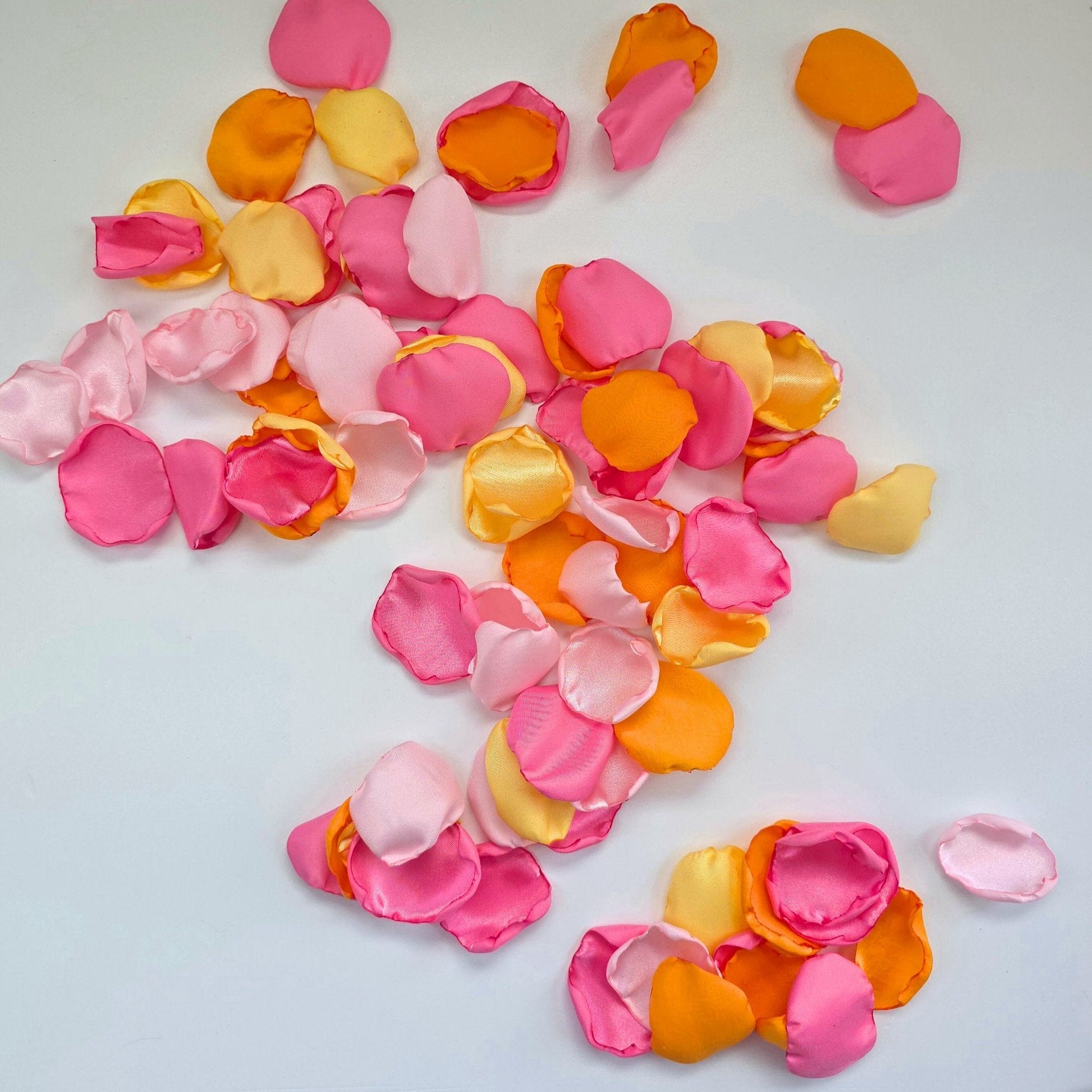 Pink, orange, ivory and yellow rose petals for flower girl tossing, confetti scatter, receptions tablescapes accents, ceremony backdrop, whimsical wedding color scheme, future bride ideas, wedding aisle decor