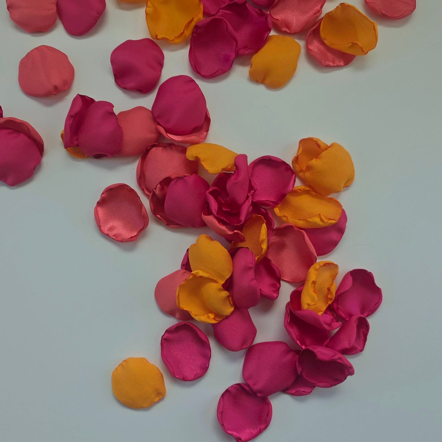 Fuchsia, coral and tangerine orange rose petals for flower girl tossing, whimsical wedding aisle decor, tablescape accents, Sunset wedding colorful confetti scatter, future bride ideas