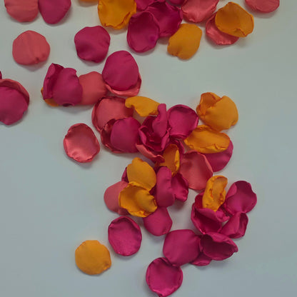 Fuchsia, coral and tangerine orange rose petals for flower girl tossing, whimsical wedding aisle decor, tablescape accents, Sunset wedding colorful confetti scatter, future bride ideas