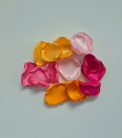 Orange, pink, yellow and Fuchsia rose petals for Whimsical wedding decor ideas. Perfect for flower girl petals, Sunset wedding aisle decor, confetti scatter, tablescapes accents, ceremony backdrop props, future bride ideas