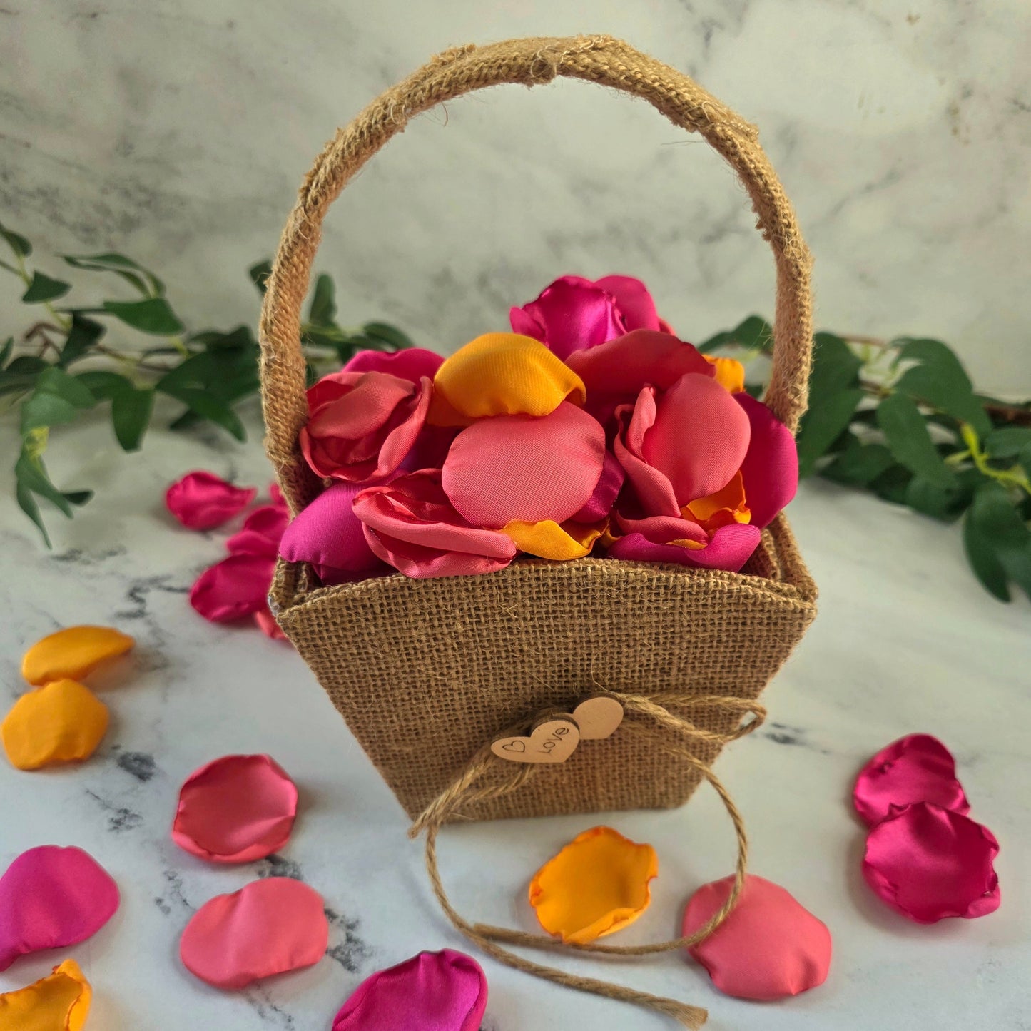 Fuchsia, coral and tangerine orange rose petals in a Western Burlap Flower Girl Basket, for flower girl tossing, whimsical wedding aisle decor, tablescape accents, Sunset wedding colorful confetti scatter, future bride ideas