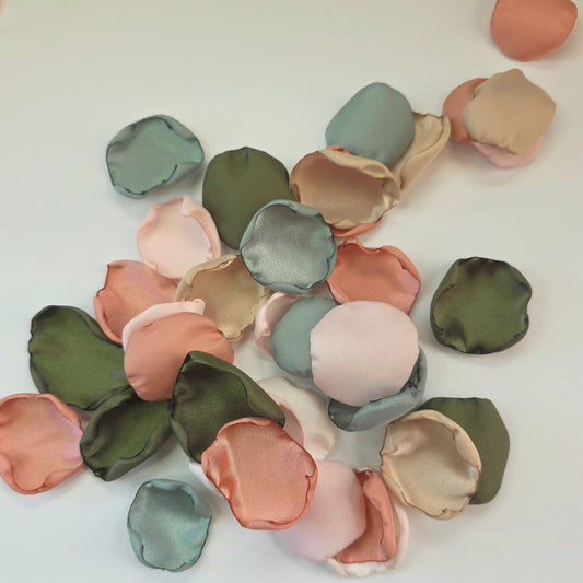 Olive Sage Beige Pink Rose petals for flower girl toss, aisle decor. Future bride ideas for tablescape confetti accents, photo props, Wedding Color Palette scheme
