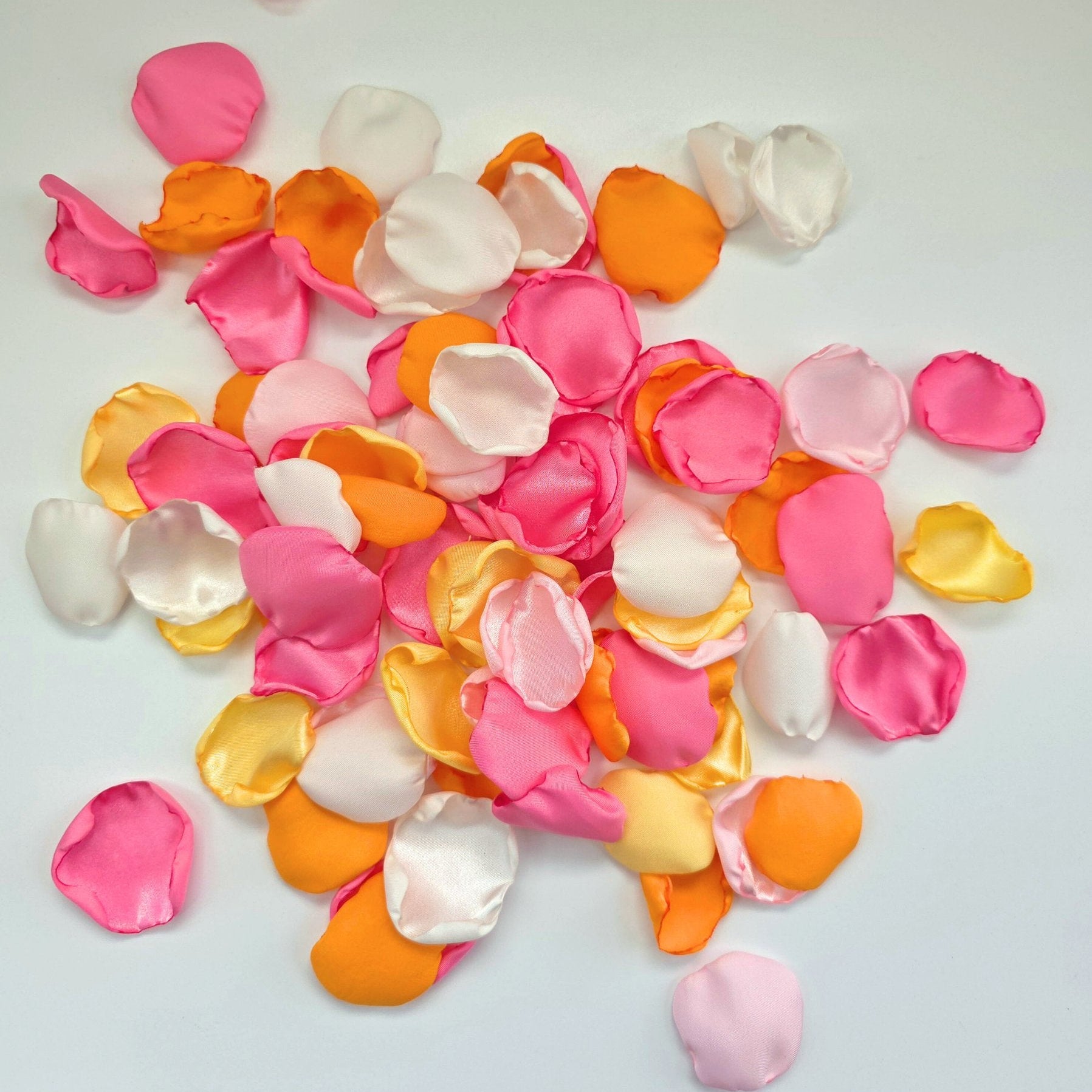 Pink, orange, ivory and yellow rose petals for flower girl tossing, confetti scatter, receptions tablescapes accents, ceremony backdrop, whimsical wedding color scheme, future bride ideas, wedding aisle decor