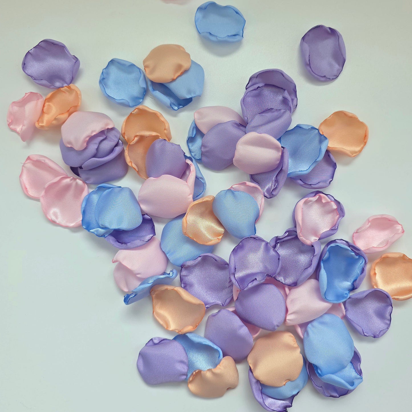 Sky Blue, Lavender, Peach and Pink Rose Petals for flower girl toss, confetti scatter, reception tablescapes, ceremony backdrop accents, Whimsical wedding color scheme decor ideas