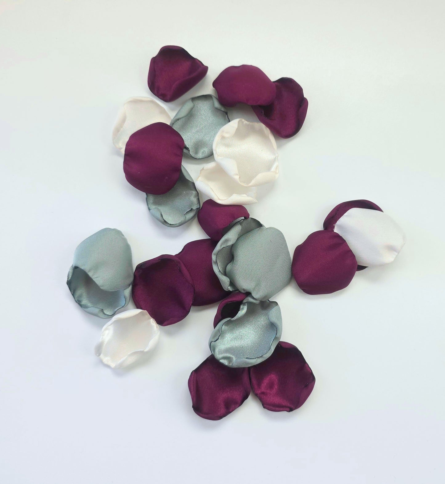Mulberry Plum, Ivory, Sage rose petals on tabletop. Used for flower girl toss or basket. Perfect for wedding aisle decor, confetti scatter, reception tablescapes accents, fall wedding decor, engagement photo props, ceremony backdrop accents, future bride ideas