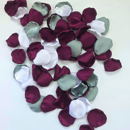 Mulberry Plum, Ivory, Sage rose petals on tabletop. Used for flower girl toss or basket. Perfect for wedding aisle decor, confetti scatter, reception tablescapes accents, fall wedding decor, engagement photo props, ceremony backdrop accents