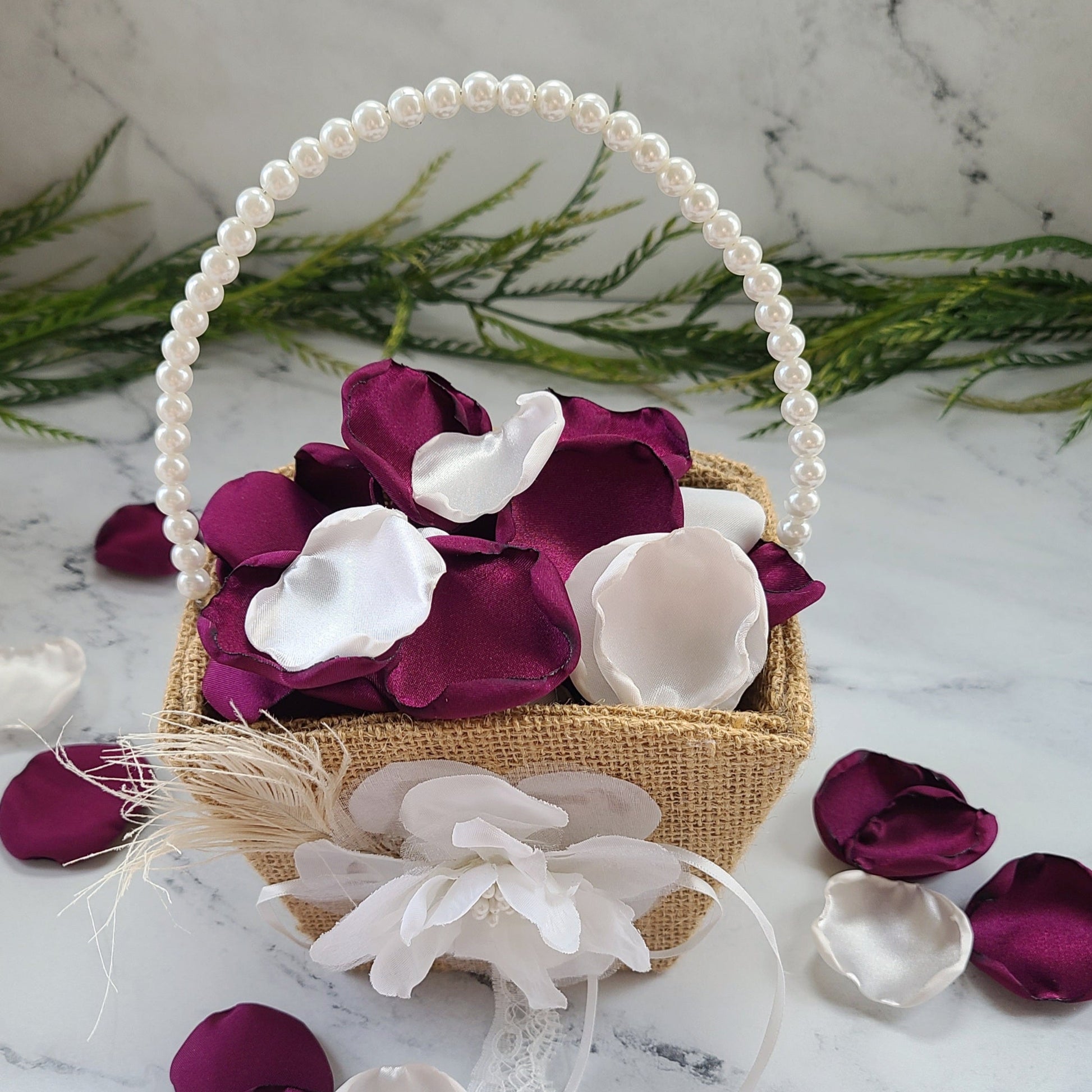 Raspberry Purple & Ivory rose petals in Boho Flower Girl Basket, 