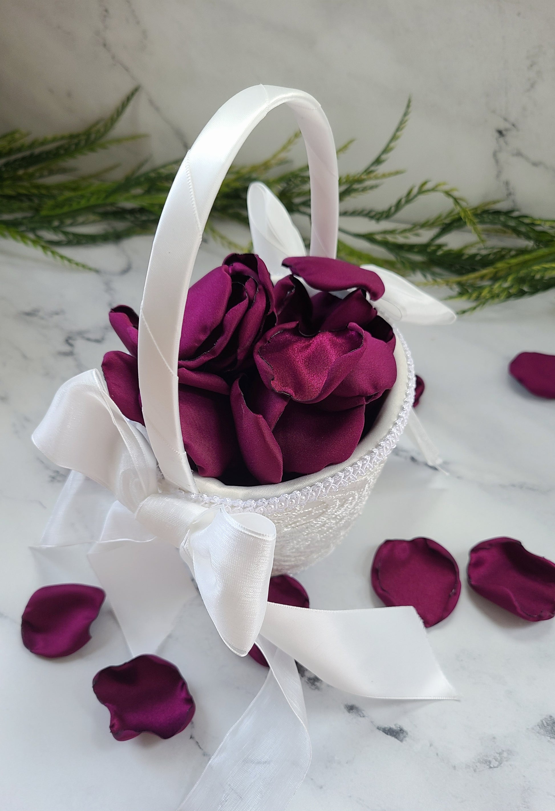 Purple Plum rose petals in Ivory Flower Girl Basket, Petal Patrol Box