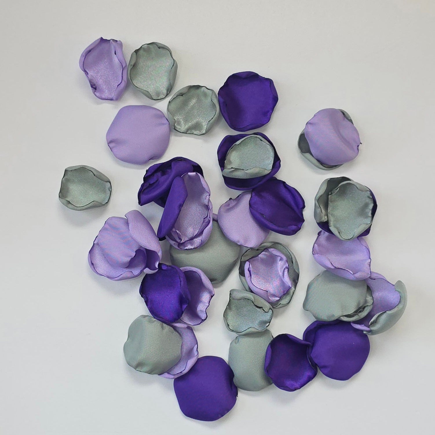 Purple Lavender Sage rose petals for flower girl baskets, tossing, aisle decor, flatlays, table scatter, reception tablescapes and backdrop accents. Color palette for brides planning a whimsical wedding ceremony or wildflower bridal shower decor. 