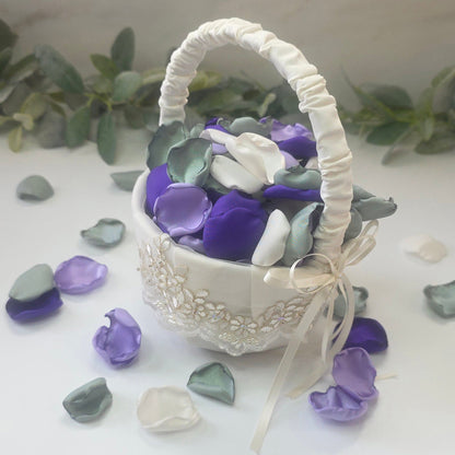 Purple Lavender Sage rose petals for flower girl baskets, tossing, aisle decor, flatlays, table scatter, reception tablescapes and backdrop accents. Color palette for brides planning a whimsical wedding ceremony or wildflower bridal shower decor. 