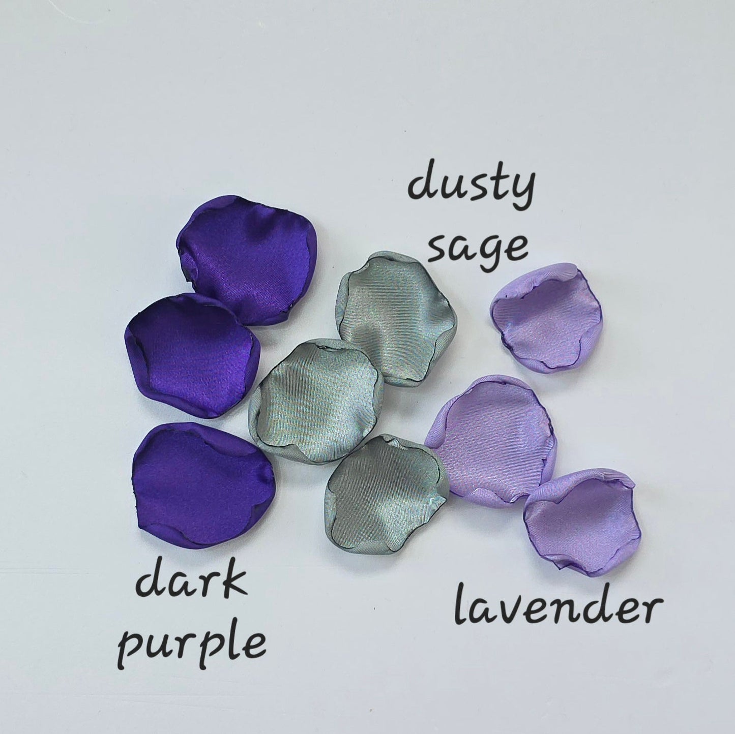 Purple Lavender Sage rose petals for flower girl baskets, tossing, aisle decor, flatlays, table scatter, reception tablescapes and backdrop accents. Color palette for brides planning a whimsical wedding ceremony or wildflower bridal shower decor. 