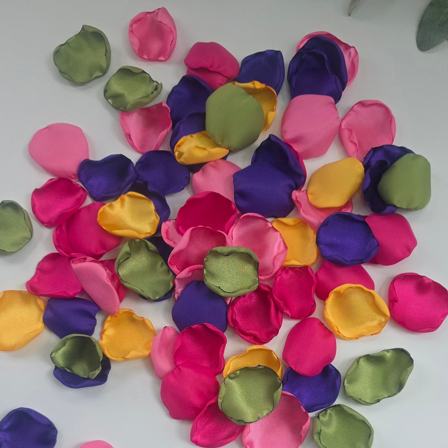 A mix of Fuchsia, Candy Pink, Dark Purple, matcha green and Sunflower Yellow rose petals. For flower girl tossing,  aisle decor, reception tablescape scatter, backdrop accents or wedding decor. A bold colorful palette for future brides planning a golden hour sunset wedding ceremony or whimsical bridal shower brunch event.