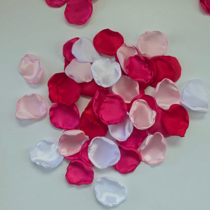 Red, fuchsia, pink and white rose petals for wedding aisle decor, flower girl toss, valentine date night tablescape decor, future bride color scheme ideas, confetti